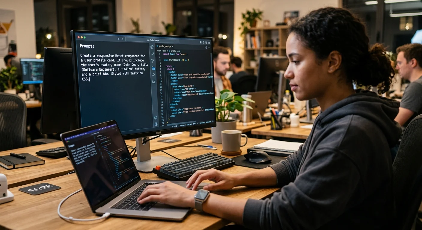 Developer using an AI code generator tool to produce code from a text prompt