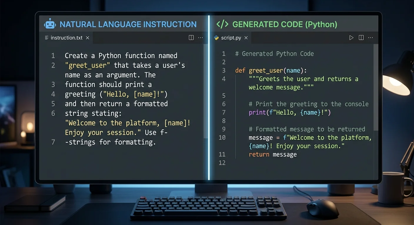 Side-by-side comparison of a text prompt and its AI-generated code output
