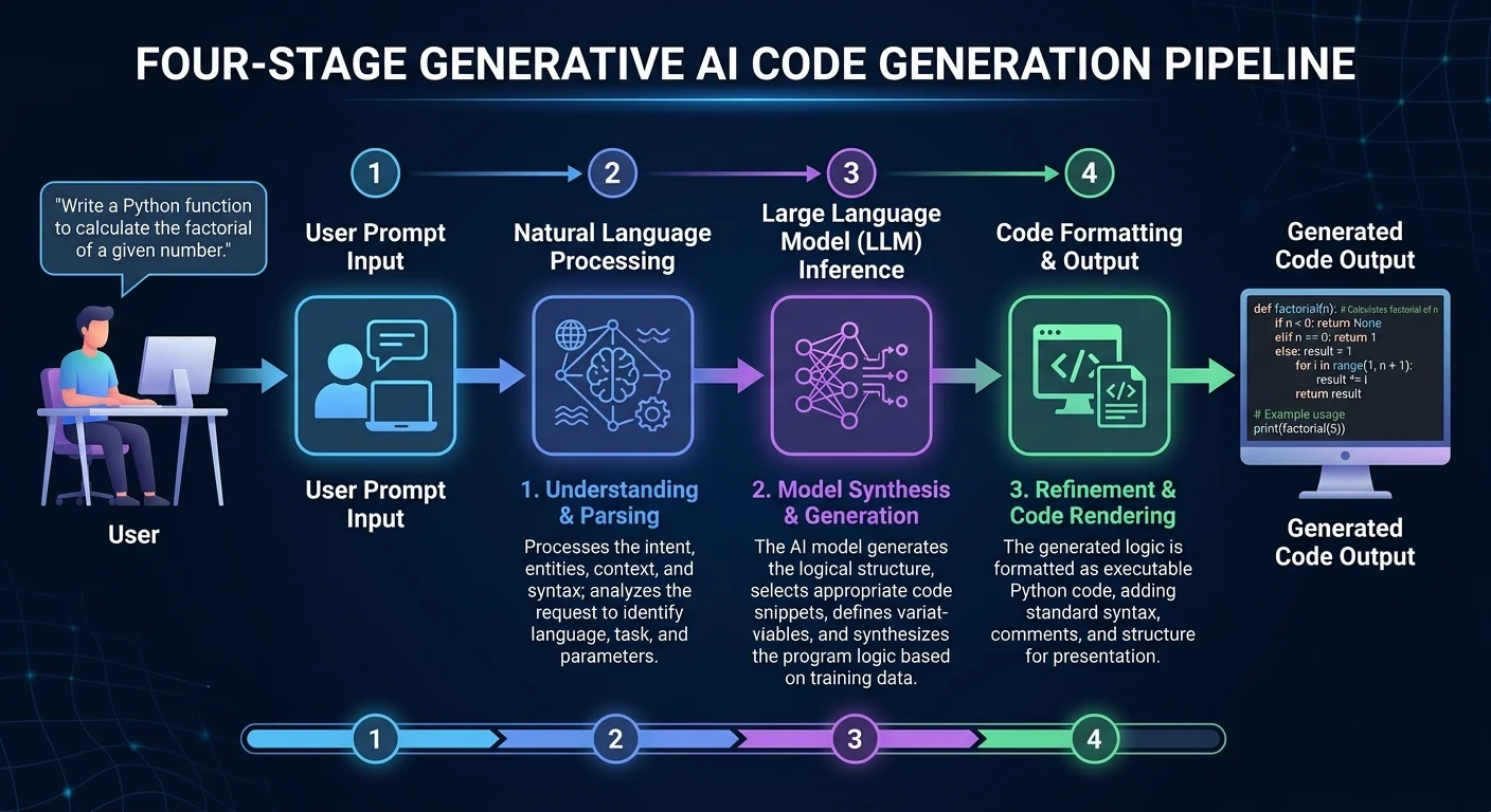 Flowchart illustrating how AI code generators process input and produce code