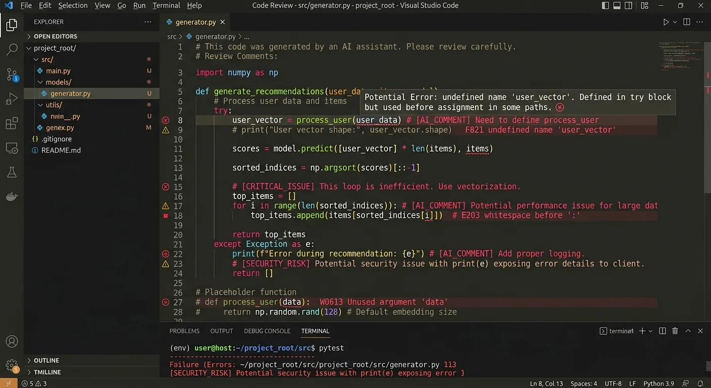 Developer reviewing AI-generated Python code in VS Code with linting annotations