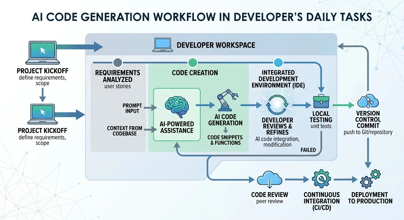 Workflow diagram of AI code generation in daily developer tasks